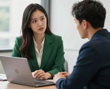 A supportive recruitment specialist sitting across from a job candidate in a light-filled North American office. They are both looking at a laptop screen together, illustrating a career counseling session. The mood is professional and encouraging, featuring green and navy accents.