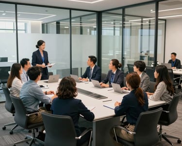 A wide-angle professional photograph of a diverse team of support staff collaborating in a glass-walled conference room. The setting is a contemporary North American corporate headquarters with sleek furniture. The lighting is bright and even, conveying a sense of teamwork and trust.