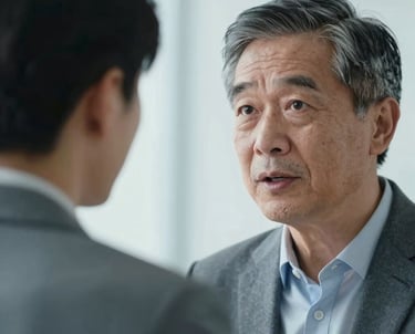 A close-up of a mentor speaking with a younger leader in a bright, modern setting, focusing on the expression of wisdom and the connection between the two, with soft slate blue highlights.
