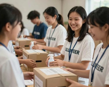 A photography of volunteers in a local community setting, working together with smiles of hope to distribute resources, conveying the ministry's focus on outreach and transformative missions work.