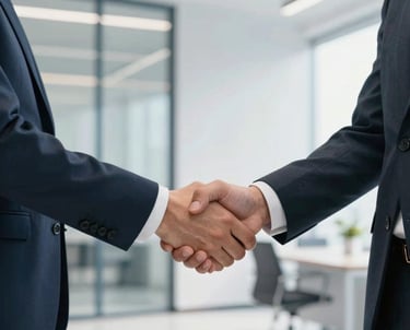 A professional and empowering shot of two individuals shaking hands in a bright, modern office space with clean lines and soft steel blue accents, representing value creation and purpose-driven ventures.