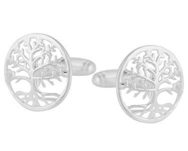 Elegant silver tree of life cufflinks for men featuring a detailed cut-out circular design.