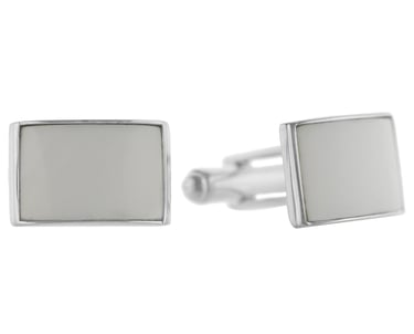 Elegant rectangular silver cufflinks with white mother of pearl insets for men's formal wear.