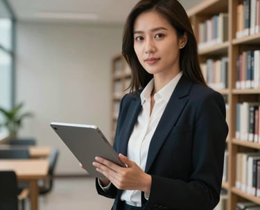 Professional portrait of a female Southeast Asian content strategist in a sleek, minimalist modern library setting, holding a digital tablet.