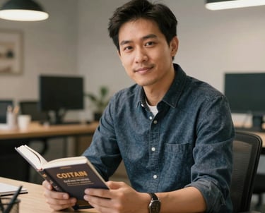 Professional portrait of a male Southeast Asian graphic designer in a modern creative workspace, holding a book, soft warm lighting, professional atmosphere.