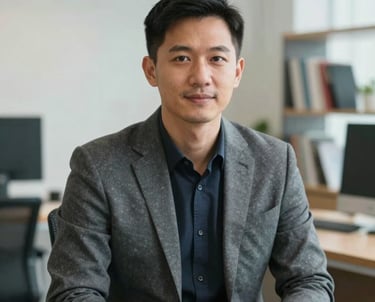 Professional portrait of a male Southeast Asian editor in business casual attire, sitting in a bright, modern office with books in the background, soft lighting.