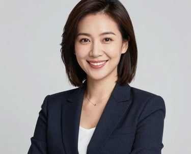 Professional portrait of a female Southeast Asian publishing manager, dressed in a professional blazer, smiling confidently in a modern studio with a clean light gray background.