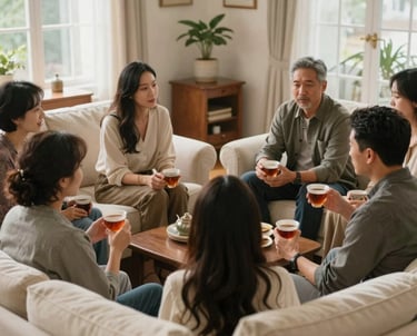 A cozy North American living room where a group of parents are sitting in a circle on cream-colored sofas, drinking tea and talking deeply, warm and professional community setting with a spiritual and supportive mood.