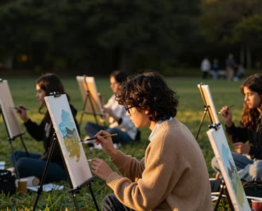 An outdoor North American meadow where students are painting on easels during a golden hour sunset, soft lighting, focus on a student in a tan sweater, academic and artistic atmosphere with dark green foliage in the background.