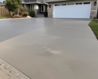A wide concrete driveway with a neat finish, bordered by green lawn.