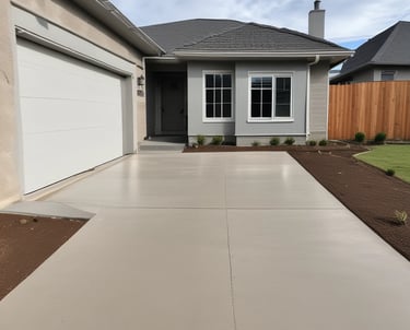 A freshly poured concrete driveway with clean edges and a smooth finish under a bright blue sky.