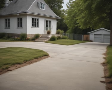 A cozy concrete patio with comfortable seating and potted plants, set against a blue background.