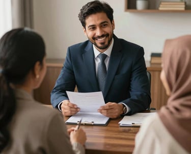 A friendly finance broker discussing loan options with a young couple in a bright office.