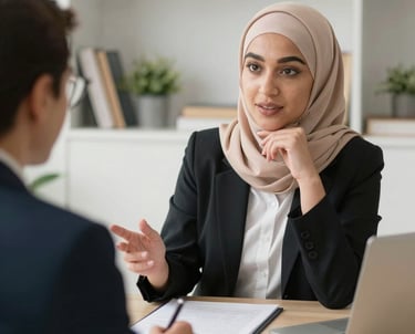 A friendly finance broker discussing loan options with a young couple in a bright office.