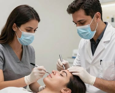 Close-up of sleek aesthetic medical equipment arranged on a minimalist white table