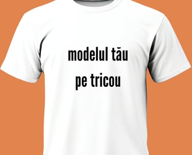 Custom white cotton t-shirt with black text on an orange background for personalized apparel design.