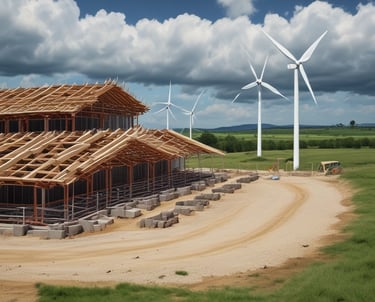 A modern construction site with cranes and workers collaborating under clear skies.