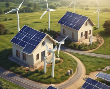 Image of solar panels and wind turbines under a clear sky.