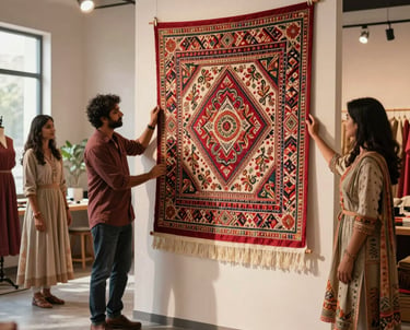 A wide-angle professional photograph of a South Asian / Indian artisan proudly presenting a large, intricately embroidered wall hanging to two global designers in a bright, modern studio. The scene is lit with warm, professional lighting emphasizing the rich textures and community atmosphere.