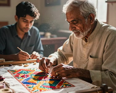 A candid, warm photography shot of a senior South Asian / Indian artisan teaching a young apprentice the art of Aari embroidery in a traditional sunlit workshop. Soft natural light, dust motes dancing in the air, and vibrant fabric colors create an atmosphere of heritage and transmission.
