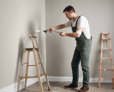 A painter using a digital color simulator on a clean, modern wall inside a cozy home.