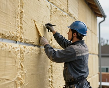 A clean photograph showing the installation of modern exterior wall insulation by a professional worker in protective gear. Focus on the texture of the insulating material and the precision of the work. Central European / German construction site.