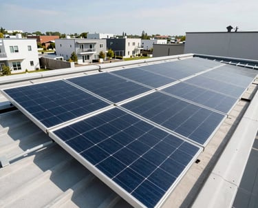 A professional photograph of a rooftop solar array with high-efficiency panels. In the background, a clean modern neighborhood is visible under a bright sky. Lighting is clear and bright, emphasizing green energy.