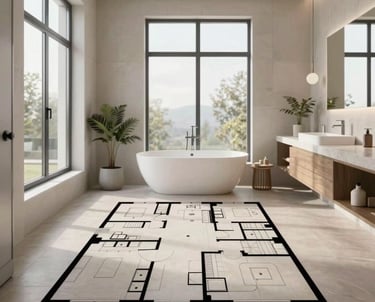 A crisp photograph of a renovated interior with a newly designed floor plan. Large windows let in plenty of light, highlighting a modern wellness-bathroom with high-end fixtures. Central European / German interior design.