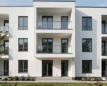 A professional photograph of a newly constructed modern apartment building with a minimalist garden and clean white lines. Central European / German architecture, daylight lighting.