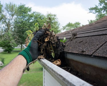 A person wearing a green work glove removes debris and leaves from a clogged residential roof gutter.