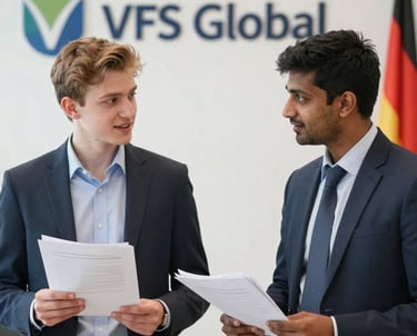 A friendly consultant helping a client with paperwork in a cozy office setting.