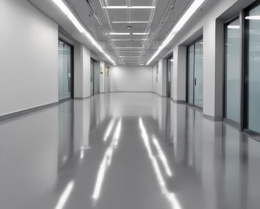 Close-up of a smooth, glossy epoxy floor in a busy warehouse.