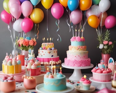 A vibrant birthday party scene with colorful balloons, themed decorations, and happy guests of all ages enjoying the celebration.