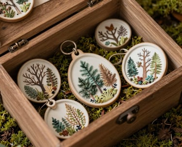A close-up of a rustic wooden box filled with delicate forest-themed trinkets resting on moss.