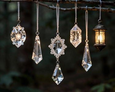 A softly lit arrangement of crystal pendants and amulets hanging from twisted branches against a dark forest backdrop.