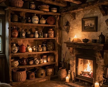 Rustic stone fireplace and wooden shelves filled with vintage pottery in a cozy cottage kitchen.