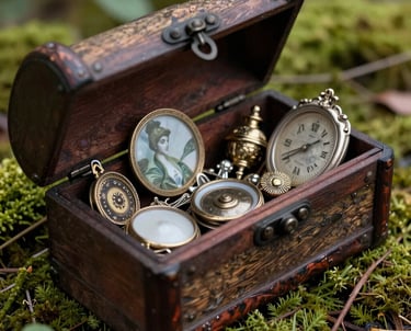 Vintage wooden jewelry box filled with antique pocket watches and gold trinkets on a mossy forest floor.