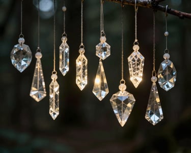 Crystalline suncatchers and hanging glass prisms dangling from a tree branch in a forest at sunset.
