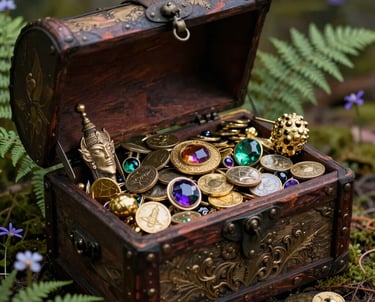An open ornate wooden treasure chest filled with gold coins and colorful gems in a forest setting.