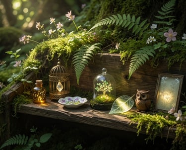 Whimsical forest fairy garden on a mossy shelf with glowing lanterns, a glass cloche, and ferns.