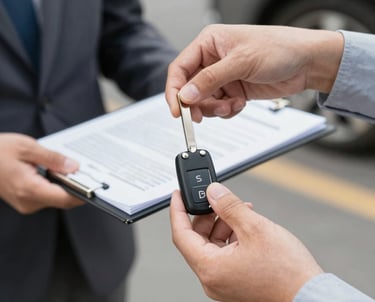 A friendly agent shaking hands with a customer beside a shiny sedan.