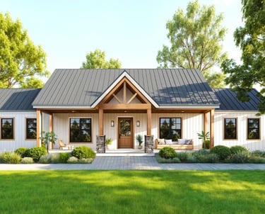 Modern white farmhouse with a grey metal roof, wooden porch pillars, and stone accents.