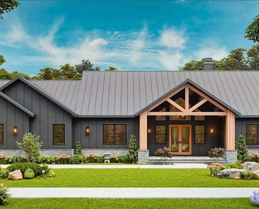 Modern ranch house with charcoal board and batten siding, metal roof, and timber frame porch.