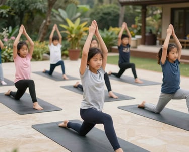 Children aged 6 to 10 practicing yoga poses outdoors on a sunny day, surrounded by nature.