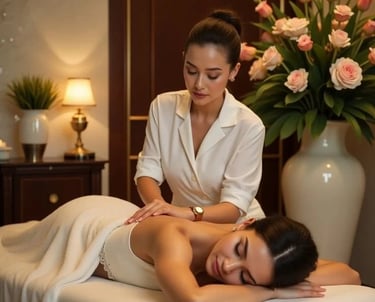 Professional massage therapist performing a relaxing back massage on a female client at a luxury spa.
