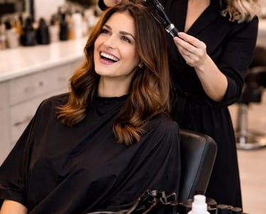 Professional hair stylist styling a smiling woman's brunette hair in a modern luxury salon.