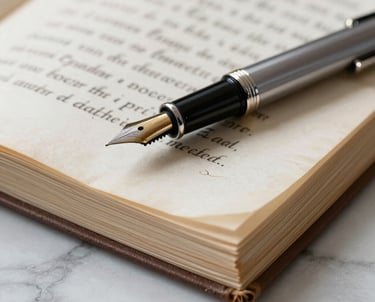 Detailed macro photography of a stack of manuscript pages with a classic fountain pen resting on top, set on a light gray marble surface in a sophisticated North American studio environment.