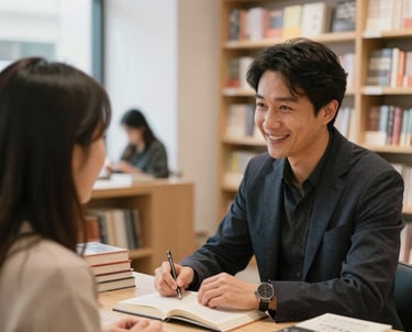 An lifestyle photography shot in a bright North American boutique bookstore, where a professional author is warmly engaging with a reader during a book signing event, soft natural lighting.