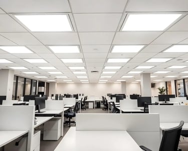 Modern office with energy-efficient LED linear panels and troffers Victoria BC