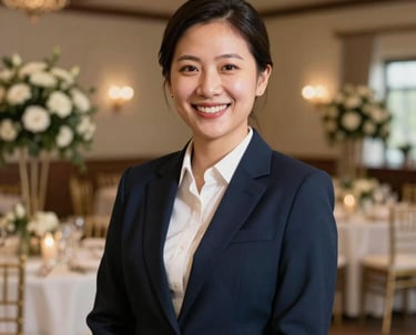 Professional headshot of an event coordinator with a friendly smile, dressed in a sleek navy blazer, in a beautifully decorated North American wedding venue hall. Warm, premium, and welcoming ambiance.